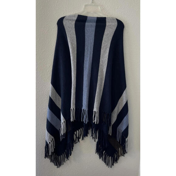 Minnie Rose Womens Cashmere Poncho Sweater Top Blue Striped OS Fringe Blue Gray - Picture 1 of 9